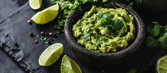 Poster - Guacamole in a bowl cooking homemade avocado mash dip. Creative Banner. Copyspace image