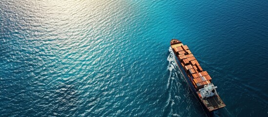 Wall Mural - Aerial drone photo of industrial colourful vessel carrying heavy truck size containers cruising the Aegean deep blue sea. Creative Banner. Copyspace image