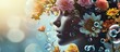 Concept of mental health Flowers in a vase with a woman s head and soap bubbles Copy space. Creative Banner. Copyspace image