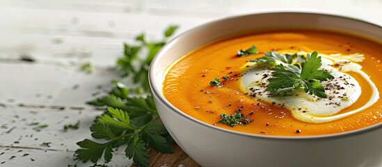 Wall Mural - curried carrot soup with cream and fresh herbs. creative banner. copyspace image