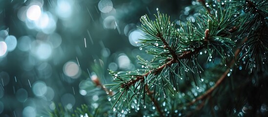 Poster - Close up of rain drops on a pine tree branch Blurred background Moody atmosphere of a rainy day. Creative Banner. Copyspace image