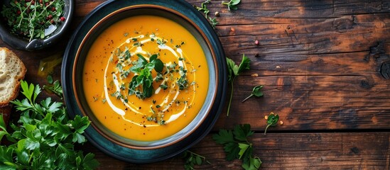 Aufkleber - Curried carrot soup with cream and fresh herbs. Creative Banner. Copyspace image