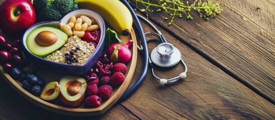 Poster - Cholesterol diet concept Healthy food in heart shaped dish with stethoscope. Creative Banner. Copyspace image