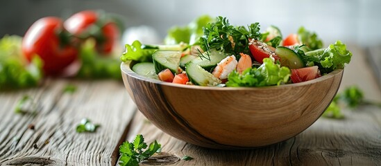 Poster - Hand chef mix fresh baby cos salad millet Crab Stick and pour salad dressing in wood blow Organic Vegetables mix lunch with green salad In bowl Breakfast fresh salad and clean vegetable