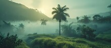 Fantastic Screen Of Fog Over Mountain Behind Palm Tree Agriculture Area. Creative Banner. Copyspace Image