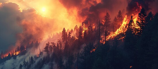 Poster - Aerial view forest fire on the slopes of hills and mountains Large flames from forest fire Summer forest fires Smoke of a forest fire obscures the sun Natural disasters. Creative Banner