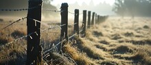 Icicles On Fence On Cold Frosty Foggy Morning In Tasmania Australia. Creative Banner. Copyspace Image