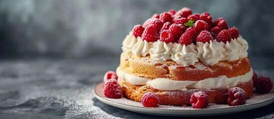 Poster - Angel food cake with whipped cream and fresh raspberries. Creative Banner. Copyspace image