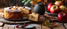 Clasic Sponge Cake With Apples On Wood Table Selective Focus Homemade Cake. Creative Banner. Copyspace Image