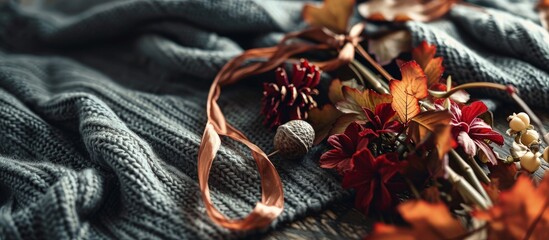 Canvas Print - fall mockup card with autumn leaves invitation card with environment and details Mockup with postcard and flowers acorn and ribbon on knitted background. Creative Banner. Copyspace image