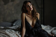 © GustavsMD - Seductive Sexy Brunette in Black Underwear Nightgown: Allure on the Bed