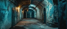 Dark Corridor Of Old Underground Soviet Military Bunker Under Artillery Fortification. Creative Banner. Copyspace Image