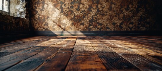 Wall Mural - Empty room with dark brown parquet flooring and wall paper decoration. Creative Banner. Copyspace image