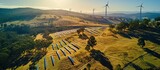 Fototapeta  - Aerial drone view of the hybrid Gullen Solar Farm and Gullen Range Wind Farm for renewable clean energy supply located at Bannister in the Upper Lachlan Shire NSW Australia. Creative Banner