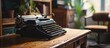 Black retro typewriter on a unique wooden desk a mid century modern chair and a renovated bookcase in a hipster home office interior Real photo. Creative Banner. Copyspace image