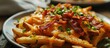 Crispy French fries loaded with bacon cheese sauce and spring onion. Creative Banner. Copyspace image