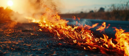 Sticker - A large fire on the side of the road with bright flames and smoke on a dry summer day Emergency and fire hazard. Creative Banner. Copyspace image