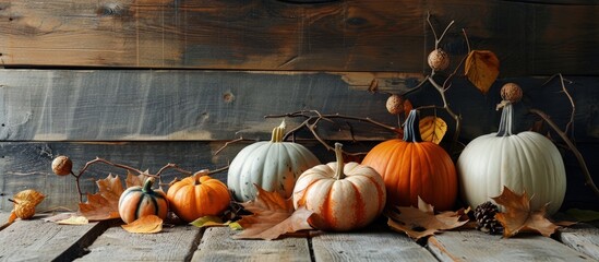 Poster - Beautiful table setting with fresh pumpkins and fallen leaves near wooden wall. Creative Banner. Copyspace image
