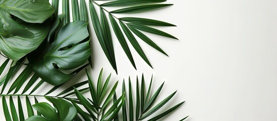 Fototapete - Invitation card mockup with palm tree leaf decoration top view. Creative Banner. Copyspace image