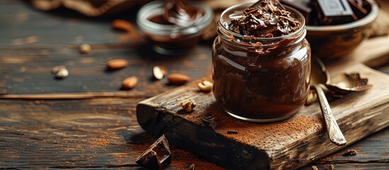 Poster - Chocolate nut paste in a glass jar on a dark brown wooden board. Creative Banner. Copyspace image