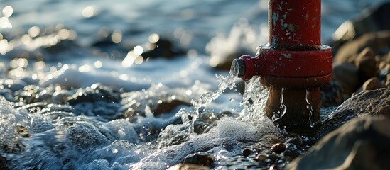 Wall Mural - Close up of Water flowing from in open red fire hydrant. Creative Banner. Copyspace image