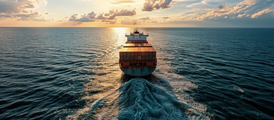 Poster - Aerial front view of a loaded container cargo vessel traveling over the ocean with good weather. Creative Banner. Copyspace image