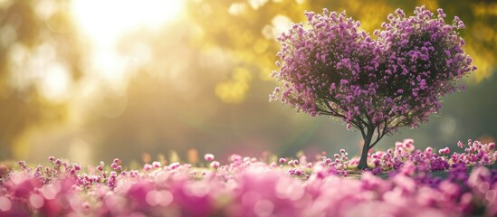 Heart shaped sympathy flowers near a tree. Creative Banner. Copyspace image