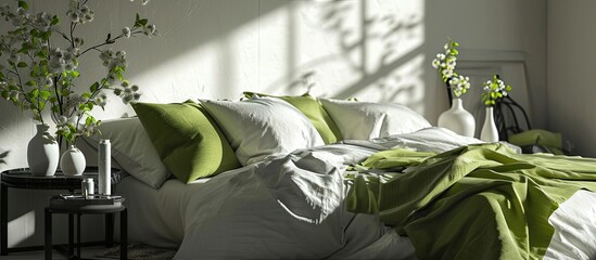 Sticker - Close up of a bed with pale sage green and white linen pillows and a blanket in a sunny bedroom interior A round black metal side table with vases and flowers beside the bed Real photo