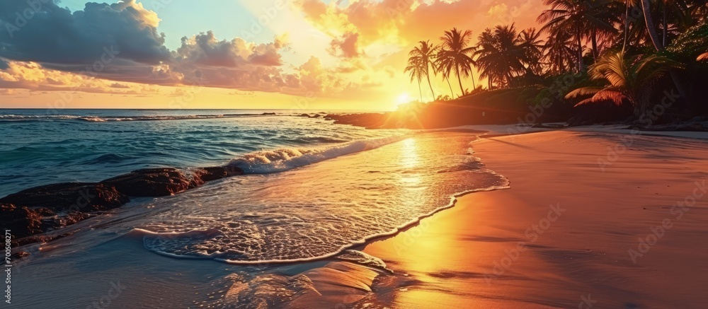 Art Beautiful sunset over the tropical beach. Creative Banner ...
