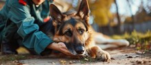 German Animal Medic Treats An Injured Dog The German Word Rettungsdienst Means Rescue Service. Creative Banner. Copyspace Image