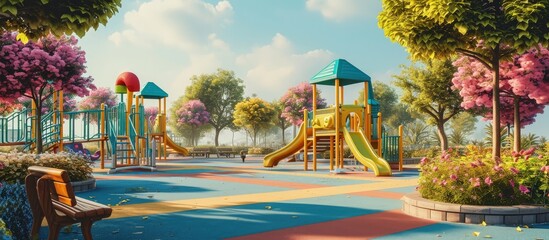 Wall Mural - An image of a colorful children playground without children. Creative Banner. Copyspace image