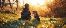 Boy With A Dog Walks In The Park On A Sunny Spring Evening Sits On The Grass The Dog Obeys The Order Give A Paw Friendship Of Man And Animal Healthy Lifestyle. Creative Banner. Copyspace Image