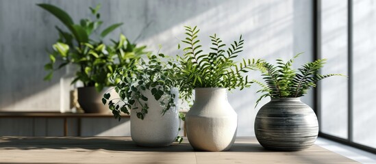 Poster - green plants in ceramic vase in living room on table. Creative Banner. Copyspace image