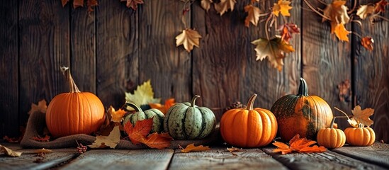 Poster - Beautiful table setting with fresh pumpkins and fallen leaves near wooden wall. Creative Banner. Copyspace image
