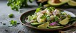 Avocado and Citrus Raw Fish Salad Ceviche With Red Onion On a ceramic plate. Creative Banner. Copyspace image
