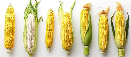 Canvas Print - Corn with skin or without skin isolated on white background A collection of corn Top view flat. Creative Banner. Copyspace image