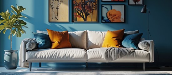 Sticker - Different kind of pillows on comfortable grey corner sofa in elegant living room with blue wall with posters. Creative Banner. Copyspace image