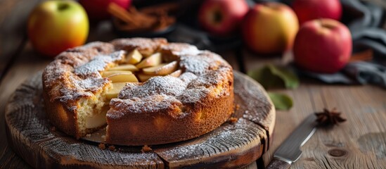 Poster - Clasic sponge cake with apples on wood table selective focus Homemade cake. Creative Banner. Copyspace image