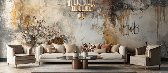 Sticker - Decorative chandelier above designed table in living room with grey mural on wall. Creative Banner. Copyspace image