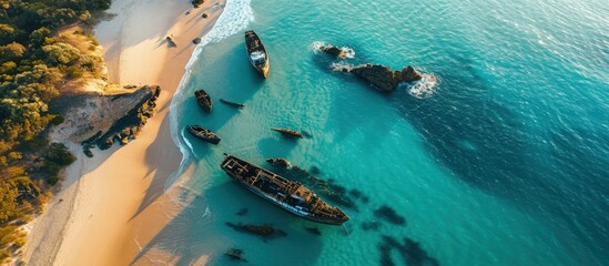 Poster - An aerial view of the Shipwrecks on Moreton Island Queensland Australia. Creative Banner. Copyspace image