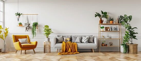 Wall Mural - Ladder with blanket standing next to white wooden rack with decorations books and plants in bright living room interior with grey couch and mustard armchair. Creative Banner. Copyspace image