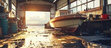 Boat On The Stand In The Marine Workshop On The Beautiful Sunny Day A Place For Maintenance And Parking Boats. Creative Banner. Copyspace Image