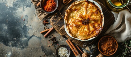 Poster - Classic pie with salmon and white fish on wooden board Composition with fish pie on concrete background with textile and spices Homemade pie with fish in rustic style on gray table. Creative Banner