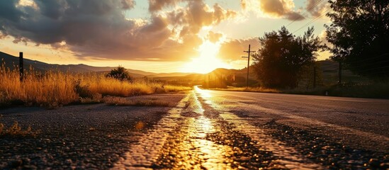 Poster - Empty asphalt road and sun rising at skyline. Creative Banner. Copyspace image