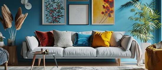 Sticker - Different kind of pillows on comfortable grey corner sofa in elegant living room with blue wall with posters. Creative Banner. Copyspace image