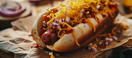 Sticker - Homemade Hot Chili Dog with Cheddar Cheese and Onions. Creative Banner. Copyspace image