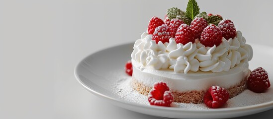 Wall Mural - Angel food cake with whipped cream and fresh raspberries. Creative Banner. Copyspace image