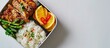 Fried pork topping on Jasmine rice with asparagus ginger and orange flavor cake in the ready to eat lunchbox. Creative Banner. Copyspace image