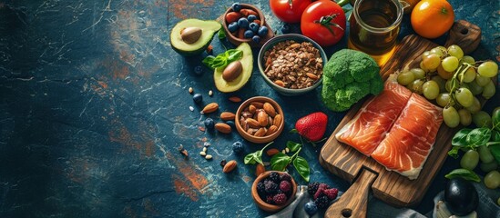 Wall Mural - Healthy organic food for Diabetes diet Cholesterol diet food high in antioxidants vitamins and minerals Top view with copy space. Creative Banner. Copyspace image