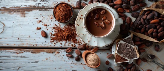 Aufkleber - Hot chocolate in the cup cocoa beans and powder on the white wooden table top view. Creative Banner. Copyspace image